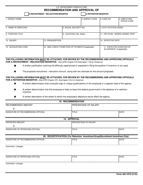 Form AD-1073 Recommendation and Approval of- Recruitment/ Relocation Bonus or Retention Allowance