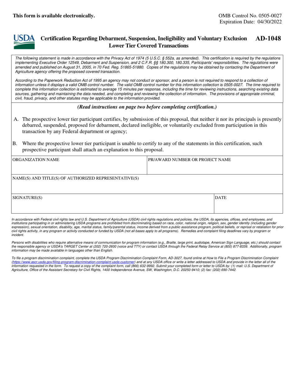 Form AD-1048 Certification Regarding Debarment, Suspension, Ineligibility and Voluntary Exclusion Lower Tier Covered Transactions, Page 1