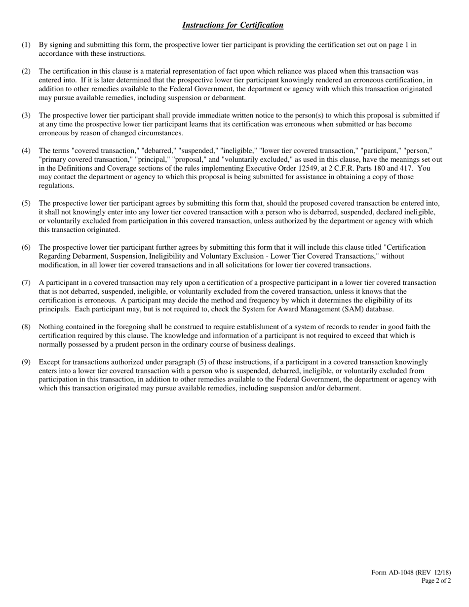 Form AD-1048 Certification Regarding Debarment, Suspension, Ineligibility and Voluntary Exclusion Lower Tier Covered Transactions, Page 2