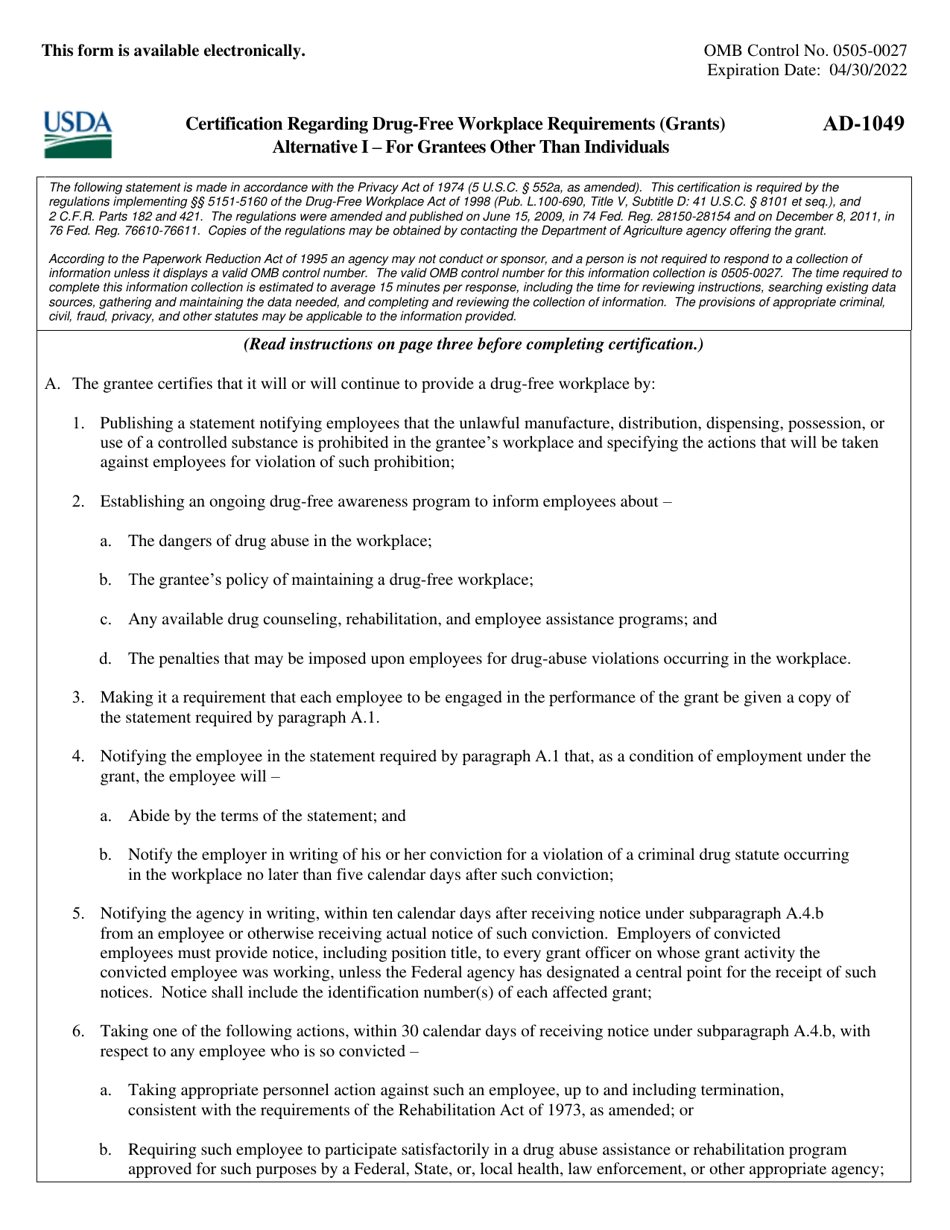 Form AD-1049 Certification Regarding Drug-Free Workplace Requirements (Grants) Alternative I - for Grantees Other Than Individuals, Page 1