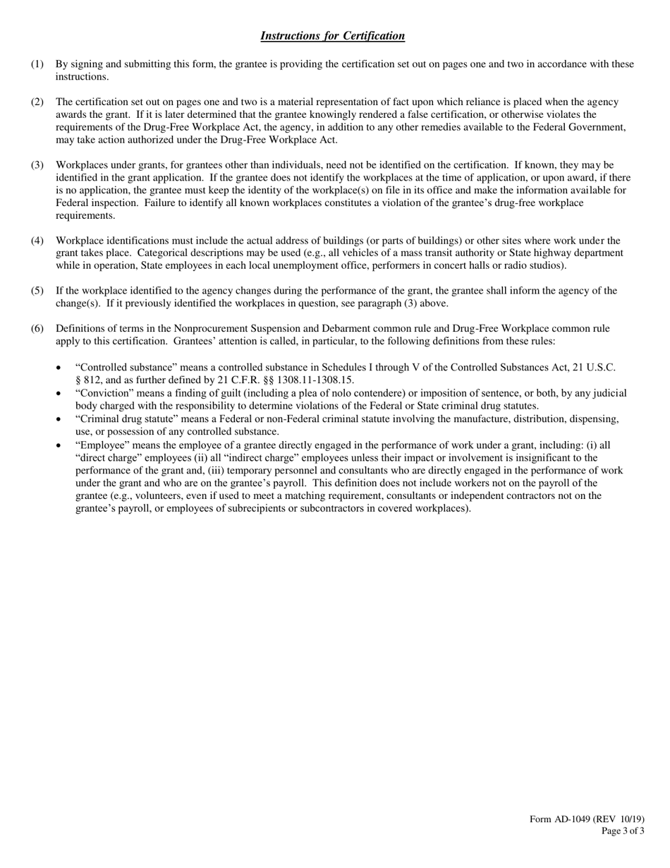 Form AD-1049 Certification Regarding Drug-Free Workplace Requirements (Grants) Alternative I - for Grantees Other Than Individuals, Page 3