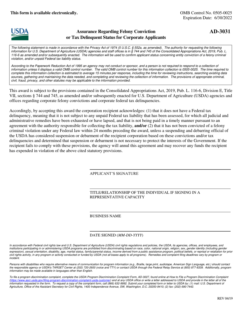 Form AD-3031 Assurance Regarding Felony Conviction or Tax Delinquent Status for Corporate Applicants, Page 1