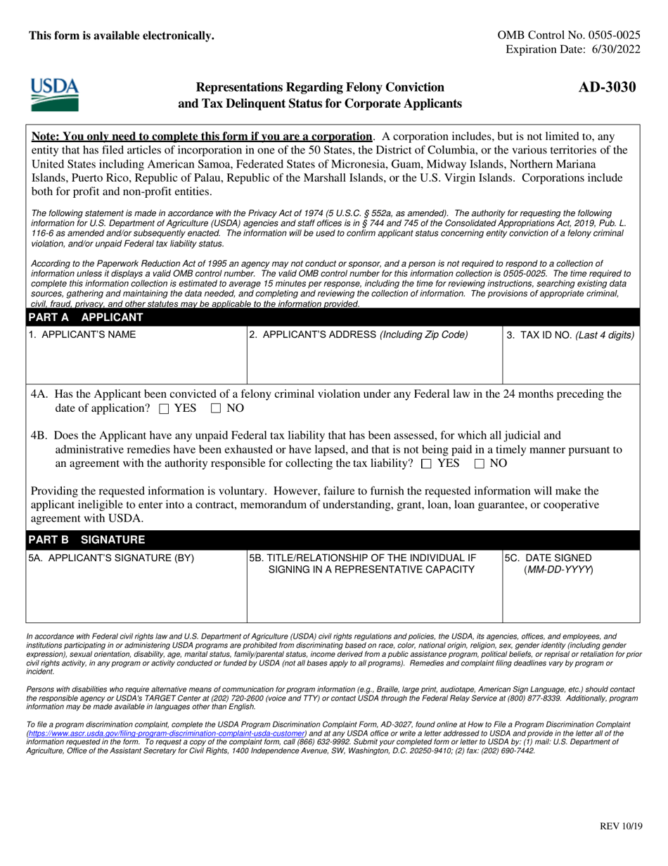 Form AD-3030 Representations Regarding Felony Conviction and Tax Delinquent Status for Corporate Applicants, Page 1