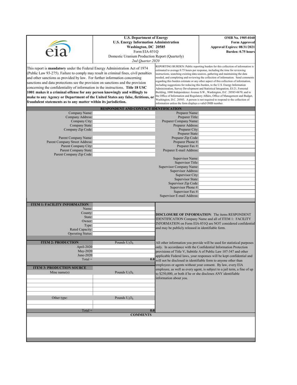Form EIA-851Q Domestic Uranium Production Report (Quarterly), Page 1