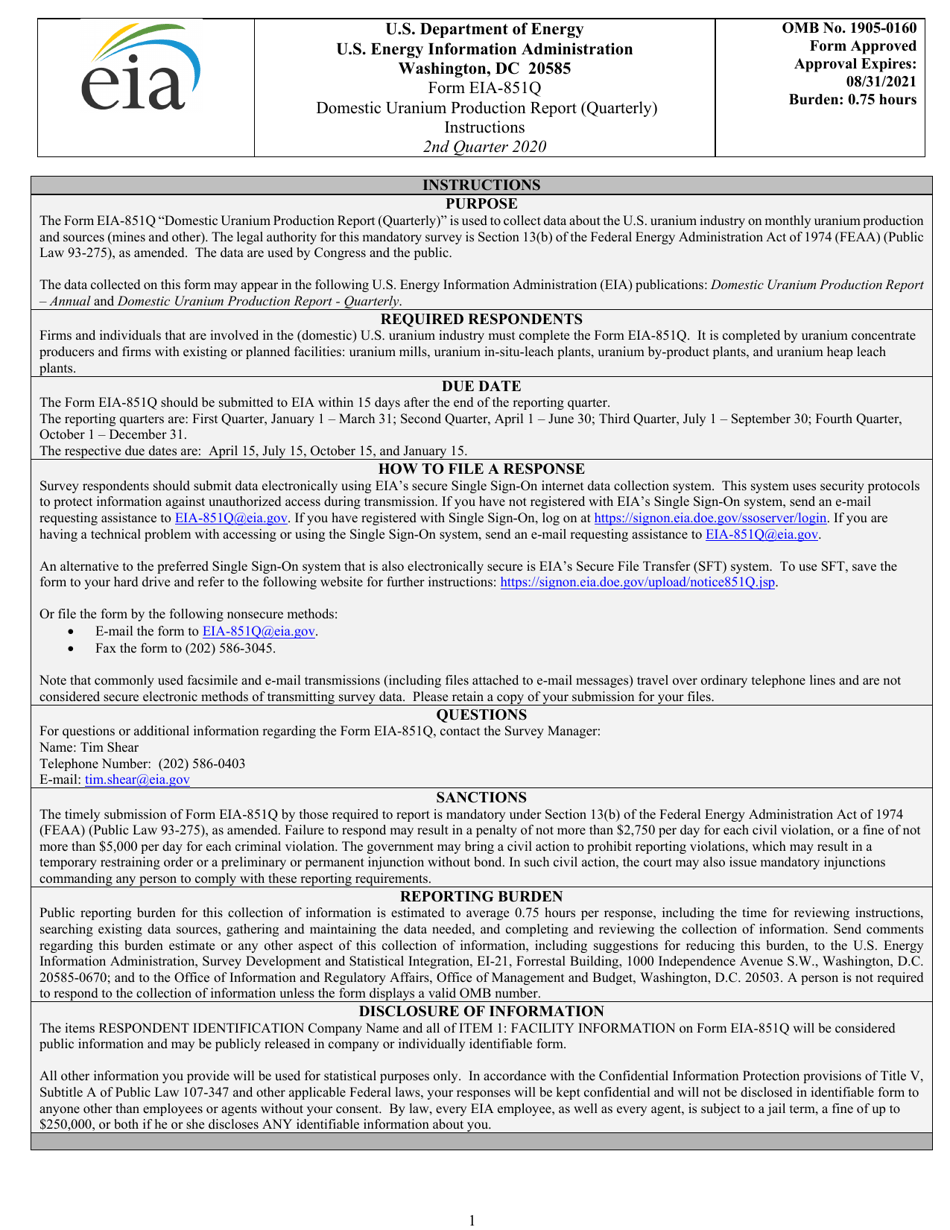 Instructions for Form EIA-851Q Domestic Uranium Production Report (Quarterly), Page 1