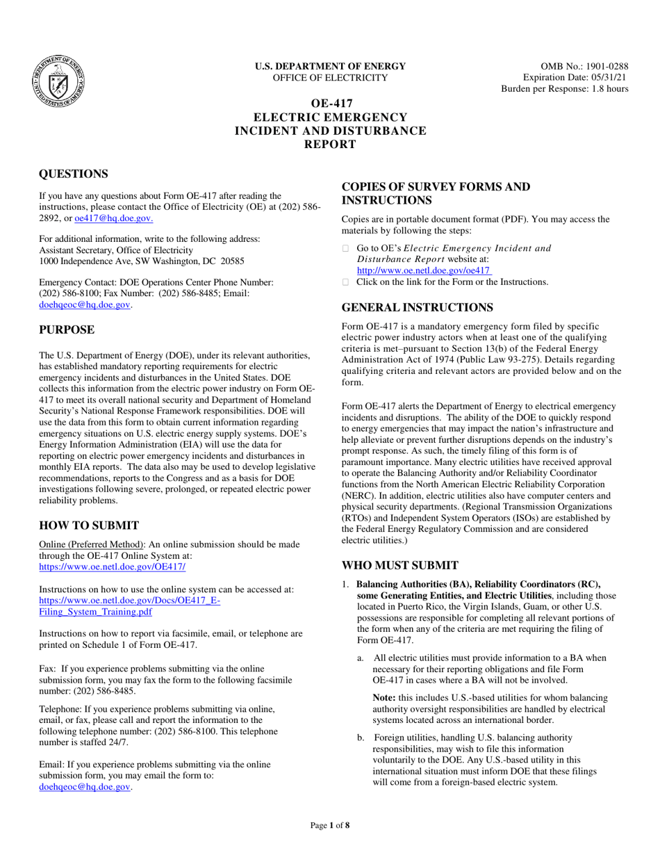 Instructions for Form OE-417 Electric Emergency Incident and Disturbance Report, Page 1