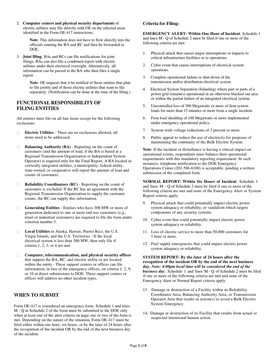 Instructions for Form OE-417 Electric Emergency Incident and Disturbance Report, Page 2