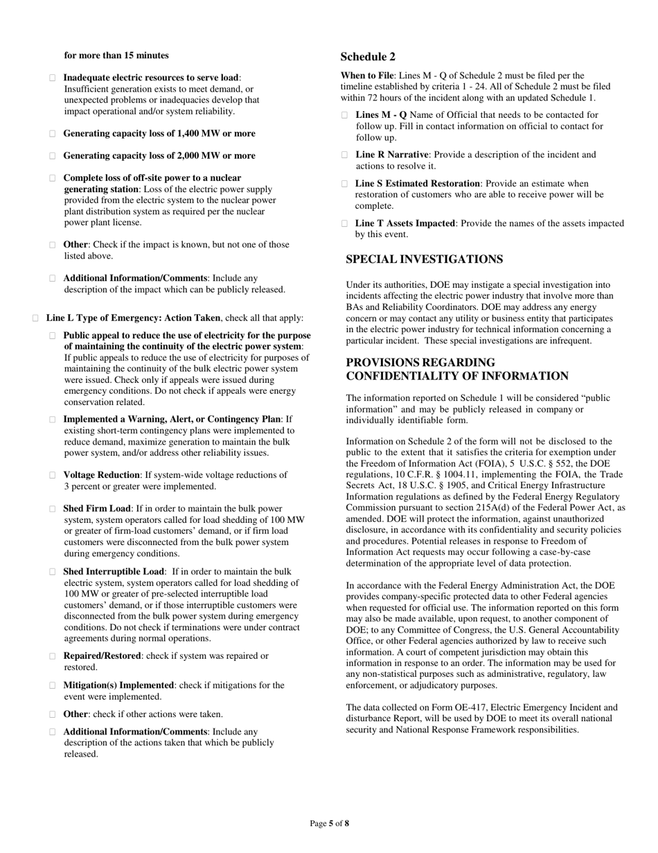 Instructions for Form OE-417 Electric Emergency Incident and Disturbance Report, Page 5