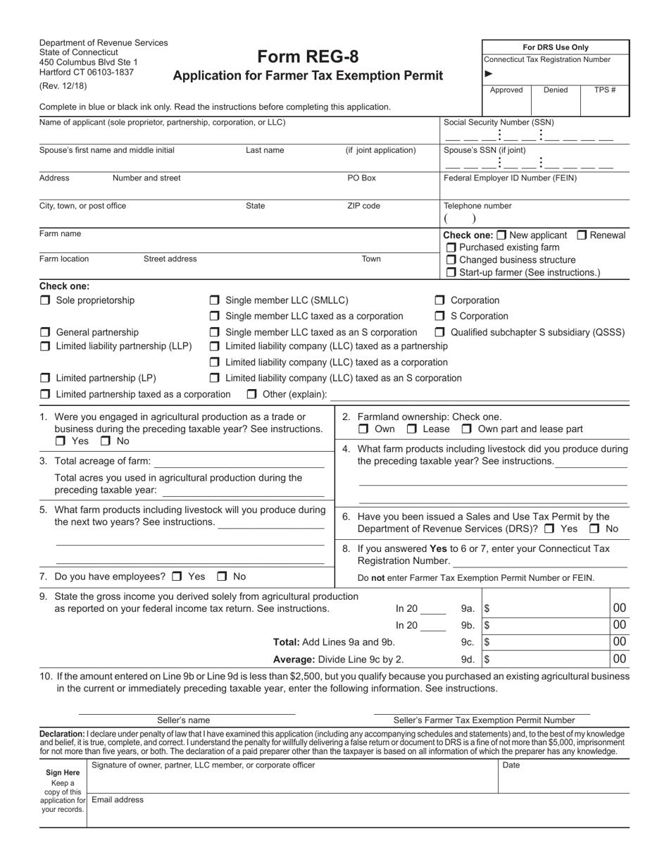 Form REG-8 Application for Farmer Tax Exemption Permit - Connecticut, Page 1