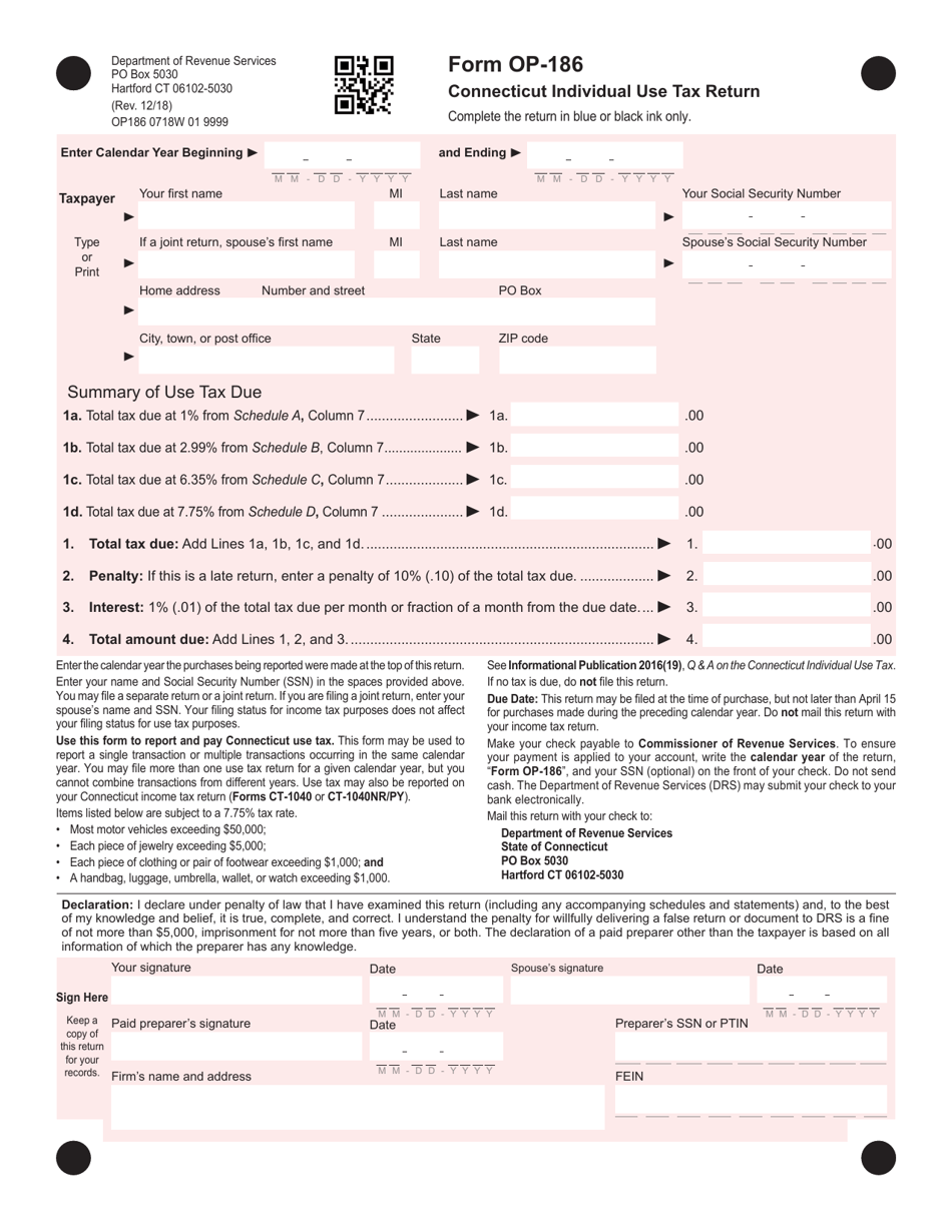 Form OP-186 Connecticut Individual Use Tax Return - Connecticut, Page 1