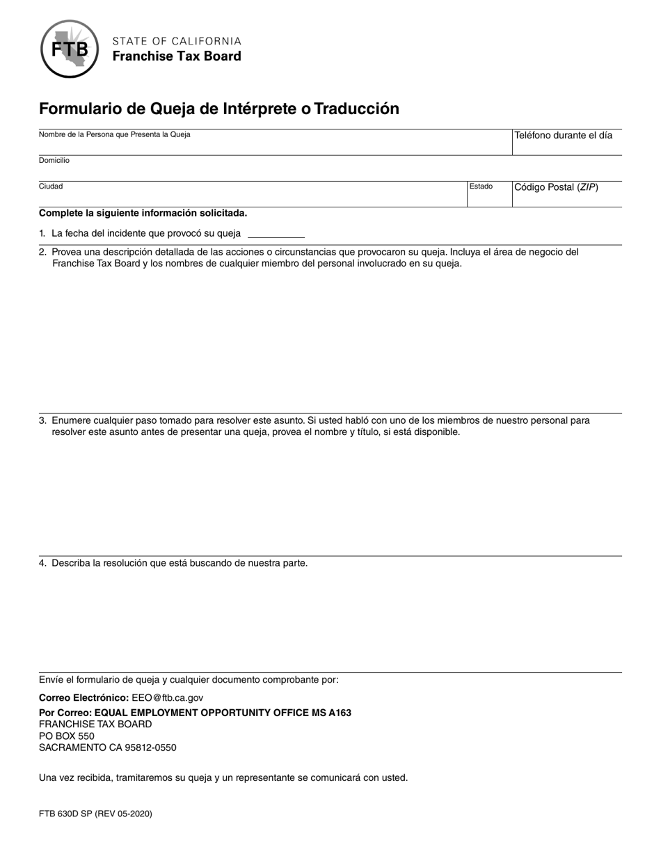 Formulario FTB630D Download Fillable PDF or Fill Online Formulario De Queja  De Interprete O Traduccion California (Spanish) | Templateroller