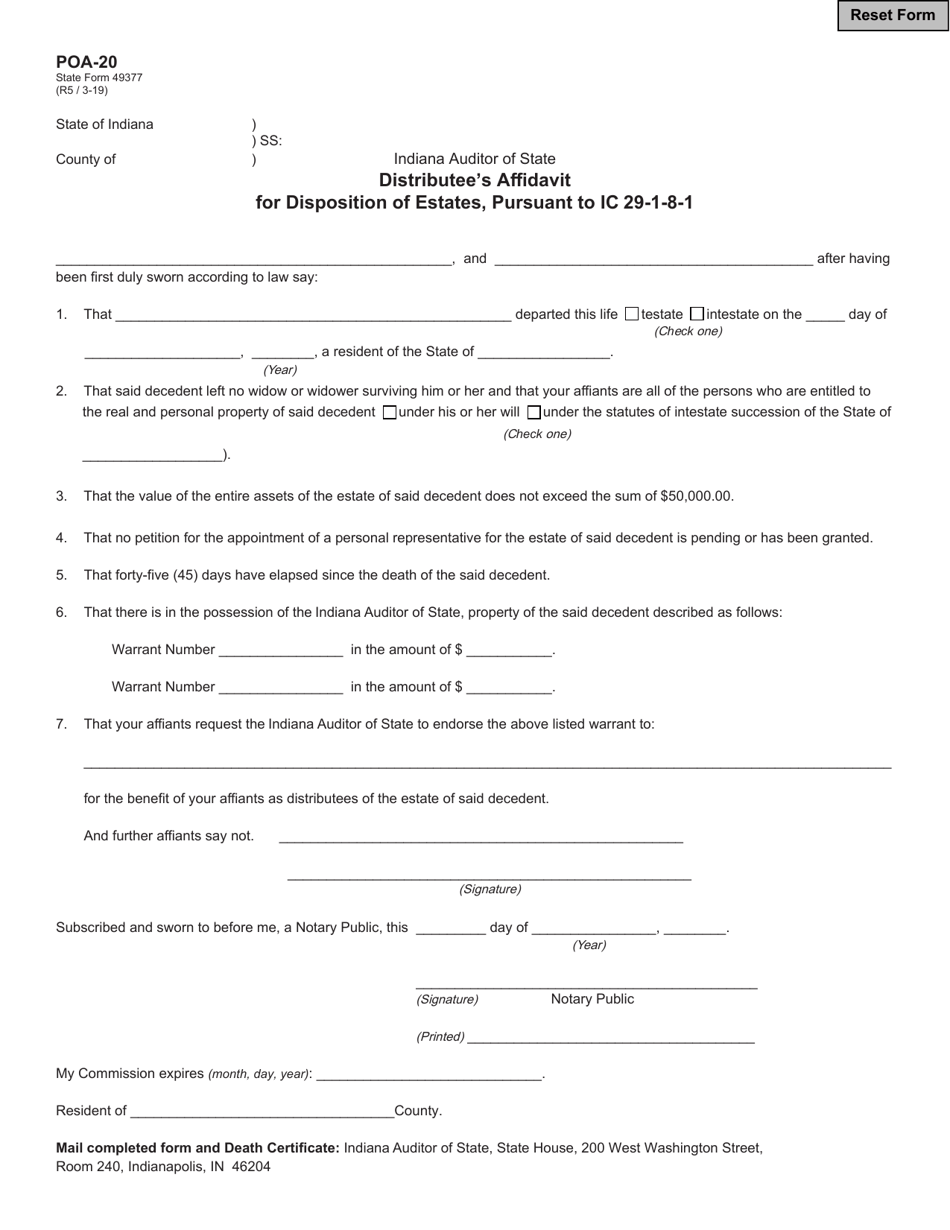 Form POA-20 (State Form 49377) Distributees Affidavit for Disposition of Estates - Indiana, Page 1