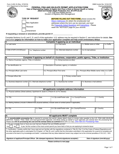 Form 3-200-16 Federal FWS Permit Application Form: Take of Depredating Eagles & Eagles That Pose a Risk to Human or Eagle Health or Safety