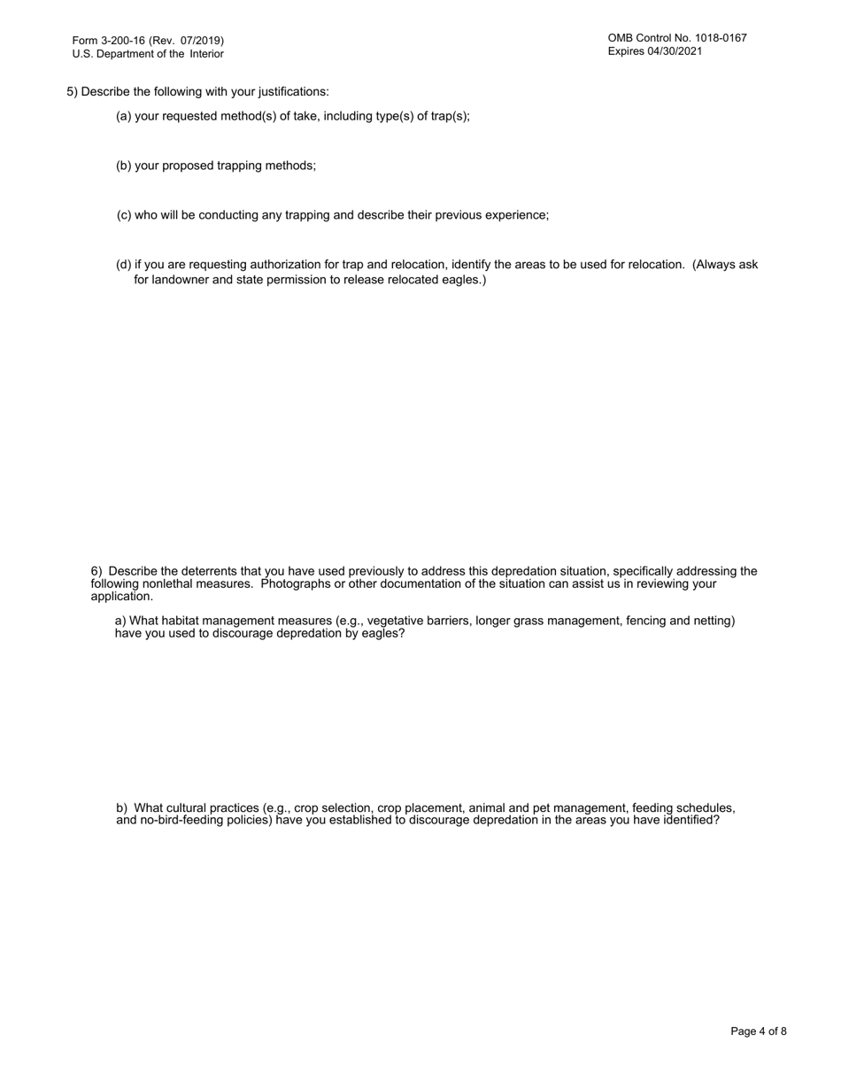 Form 3-200-16 Federal FWS Permit Application Form: Take of Depredating Eagles  Eagles That Pose a Risk to Human or Eagle Health or Safety, Page 4