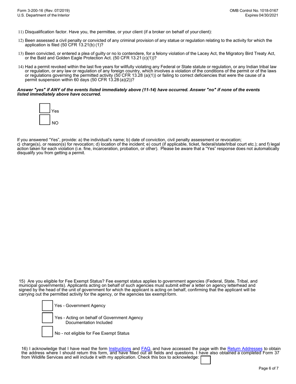 Form 3-200-16 Federal FWS Permit Application Form: Take of Depredating Eagles  Eagles That Pose a Risk to Human or Eagle Health or Safety, Page 6