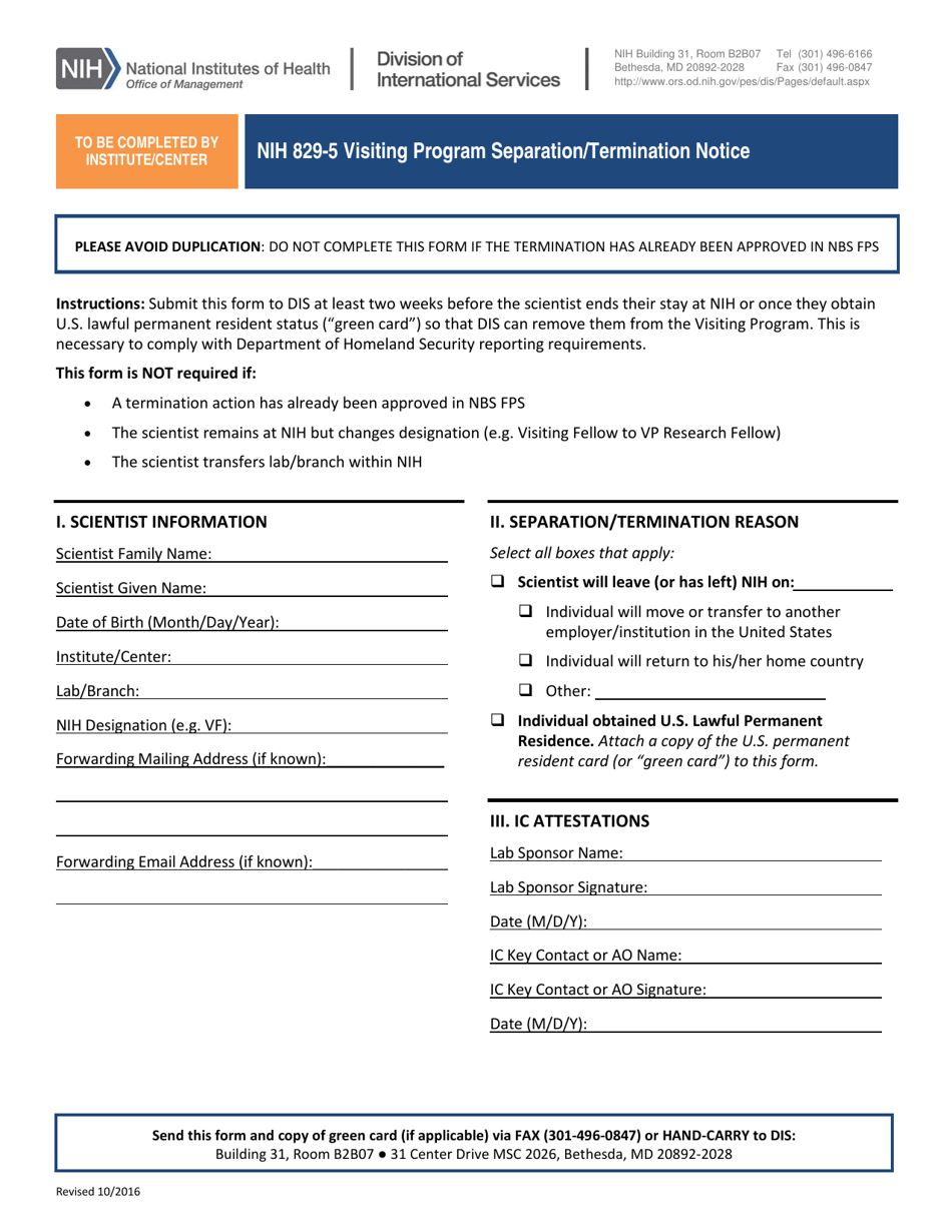 Form NIH829-5 Visiting Program Separation / Termination Notice, Page 1