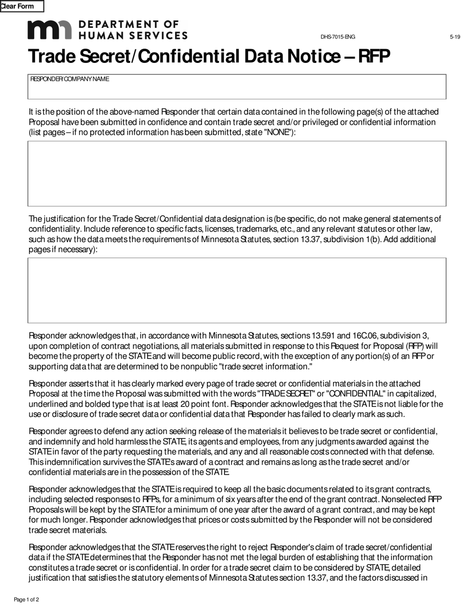 Form DHS-7015-ENG Trade Secret / Confidential Data Notice - Rfp - Minnesota, Page 1