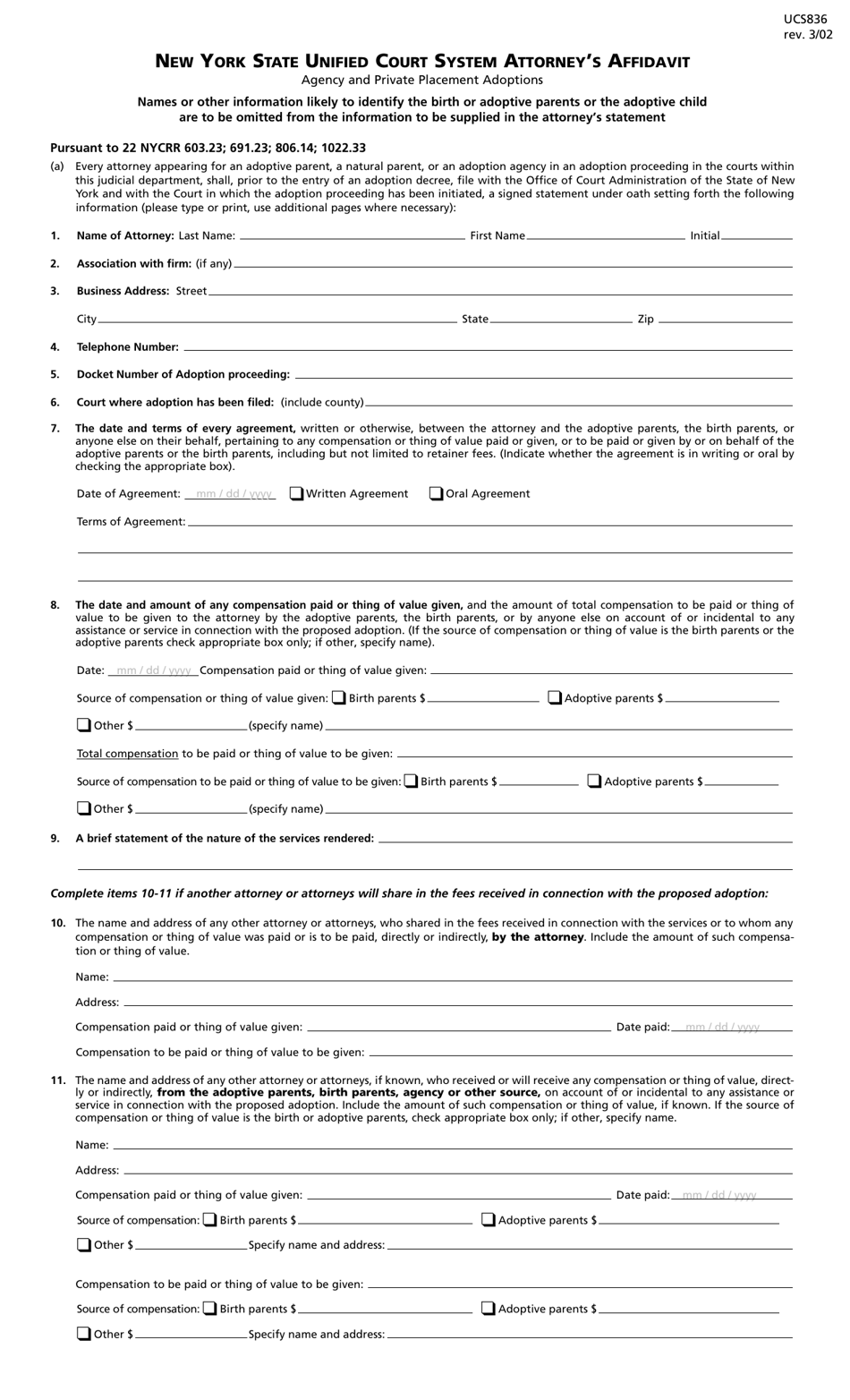 Form UCS-836 New York State Unified Court System Attorneys Affidavit - New York, Page 1