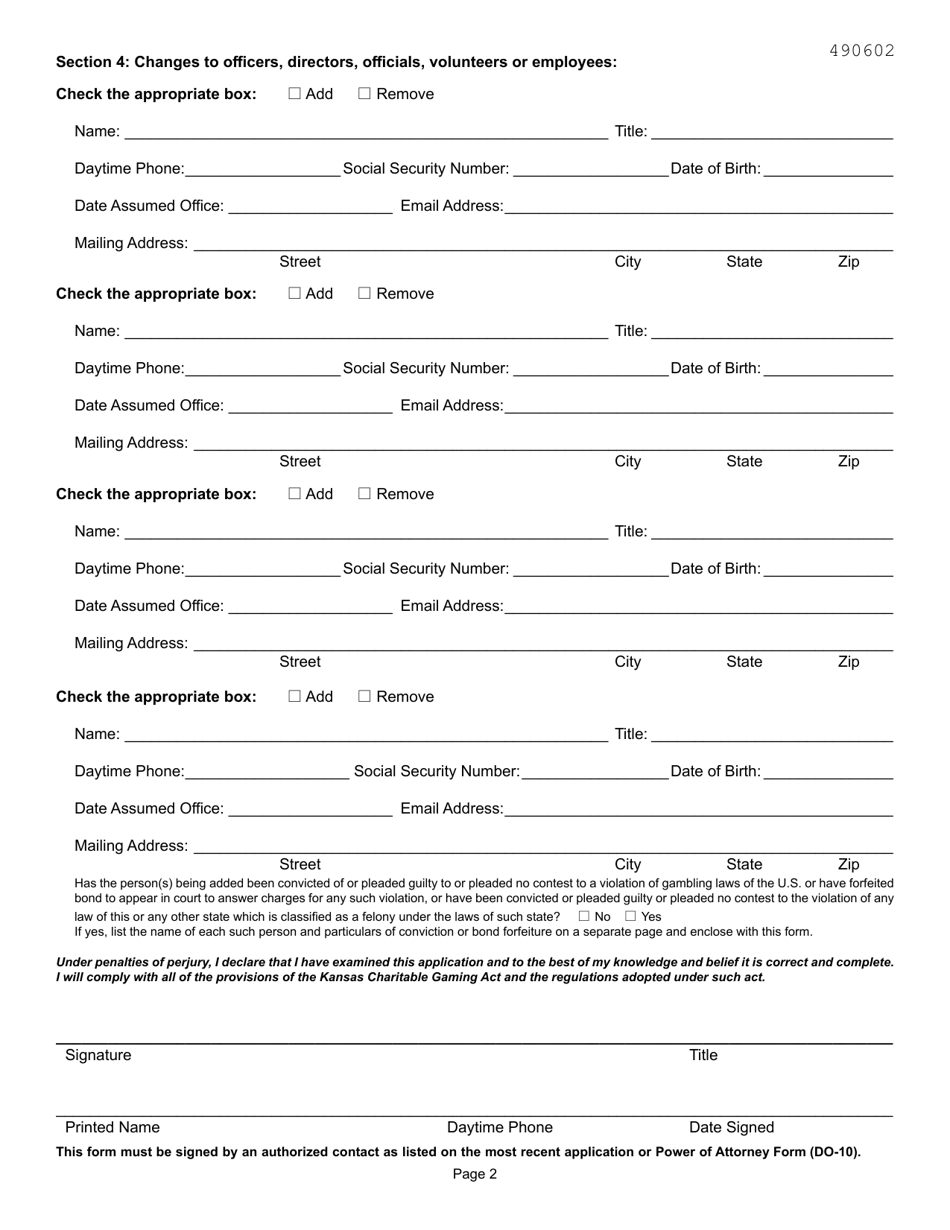 Form BI-10 Bingo Organization Change Form - Kansas, Page 2