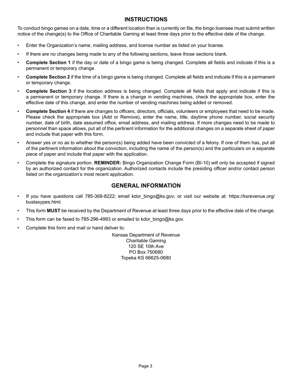Form BI-10 Bingo Organization Change Form - Kansas, Page 3