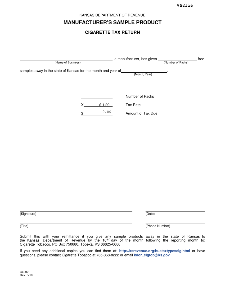 Form CG-32 Manufacturers Sample Product Cigarette Tax Return - Kansas, Page 1