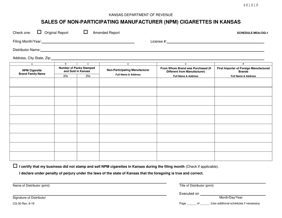Form CG-30 Schedule MSA-CIG-1 Sales of Non-participating Manufacturer (Npm) Cigarettes in Kansas - Kansas, Page 1