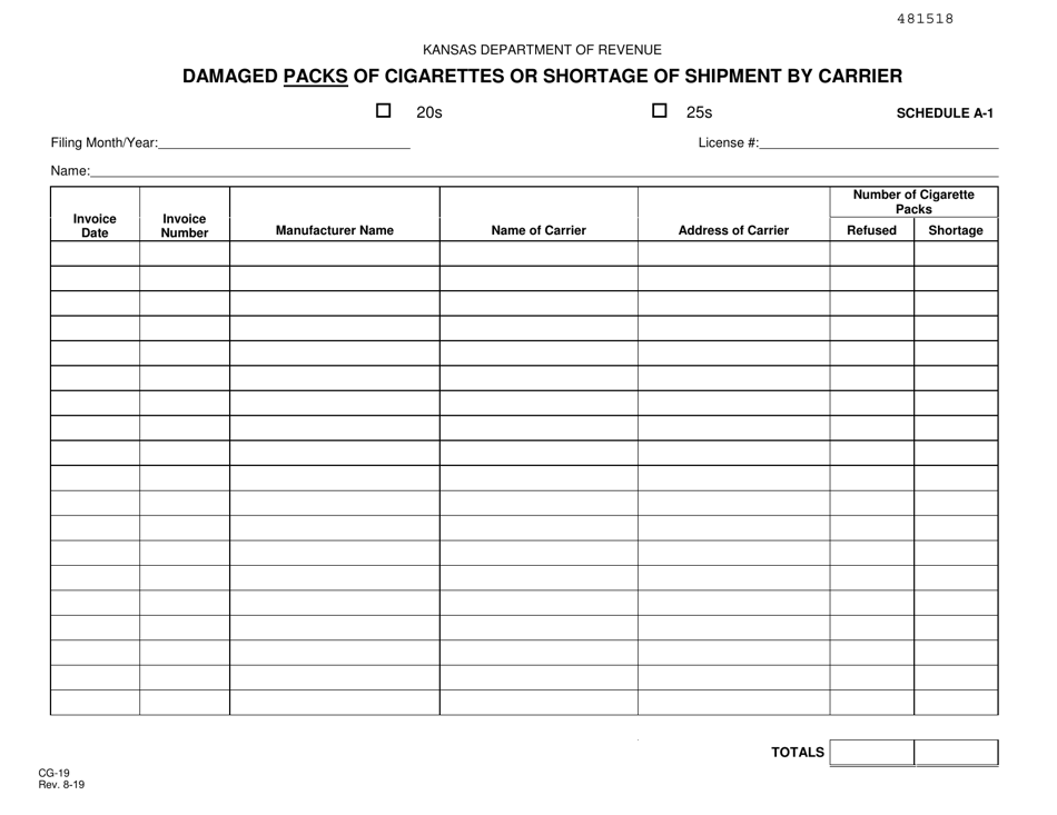 Form CG-19 Schedule A-1 Damaged Packs of Cigarettes or Shortage of Shipment by Carrier - Kansas, Page 1