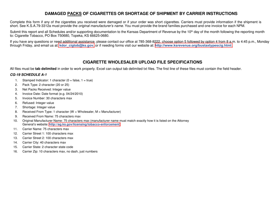 Form CG-19 Schedule A-1 Damaged Packs of Cigarettes or Shortage of Shipment by Carrier - Kansas, Page 2
