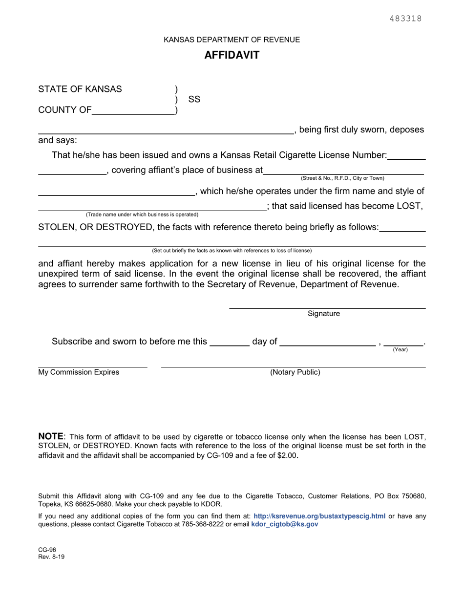Form CG-96 Request for Duplicate Retail Cigarette License - Affidavit - Kansas, Page 1