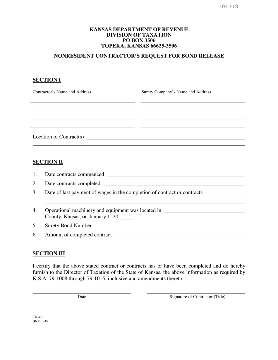 Form CR-40 Nonresident Contractor's Request for Bond Release - Kansas, Page 1