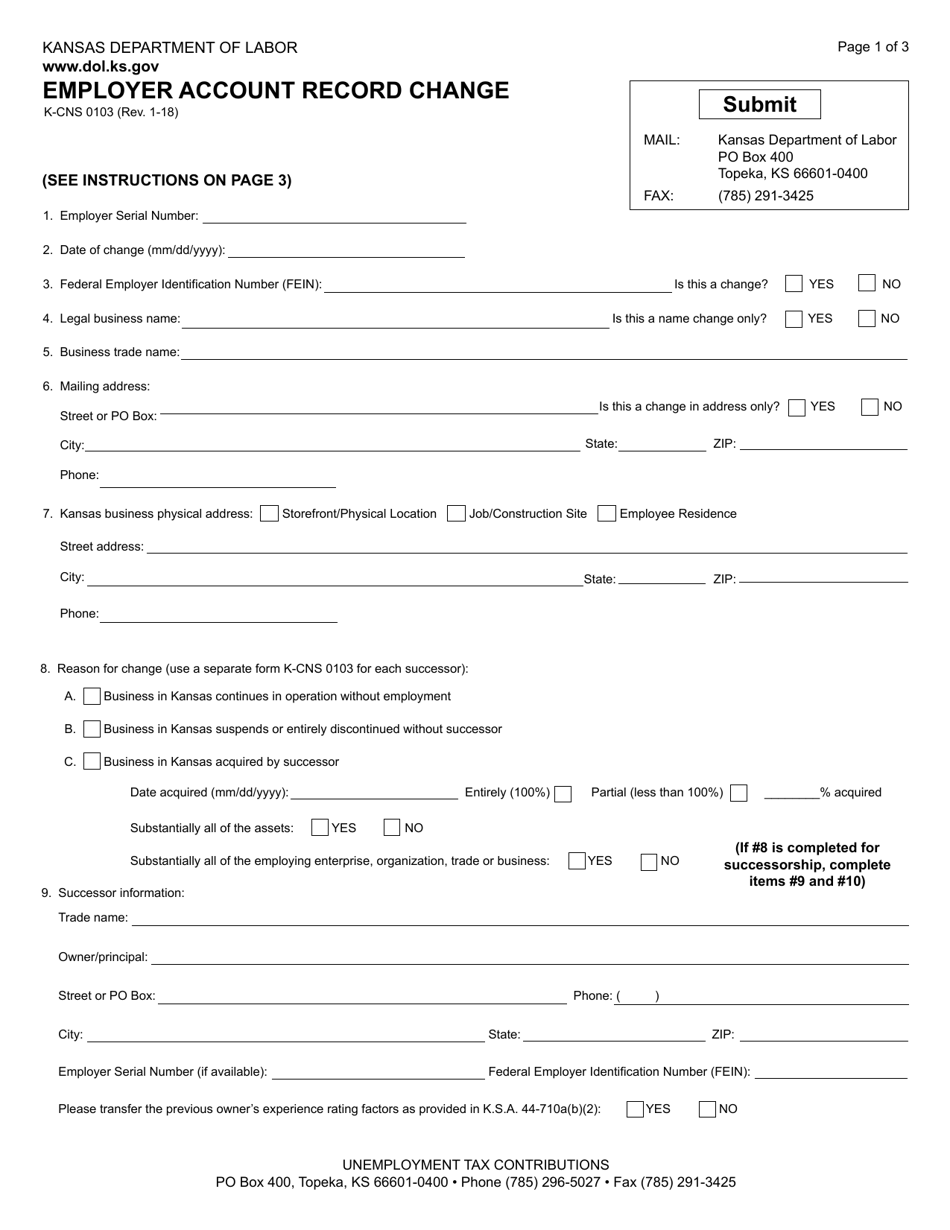 Form K-CNS0103 Employer Account Record Change - Kansas, Page 1