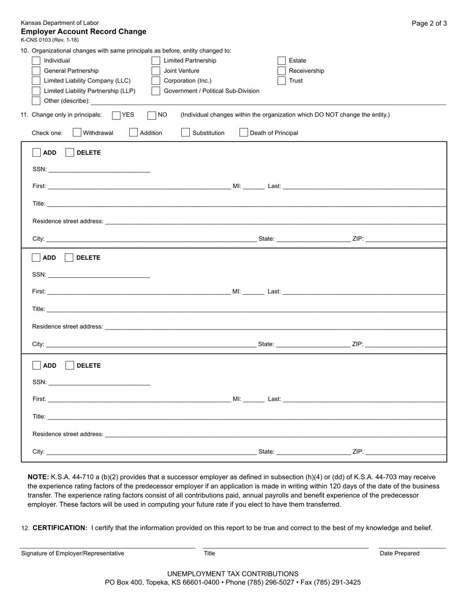 Form K-CNS0103 Employer Account Record Change - Kansas, Page 2
