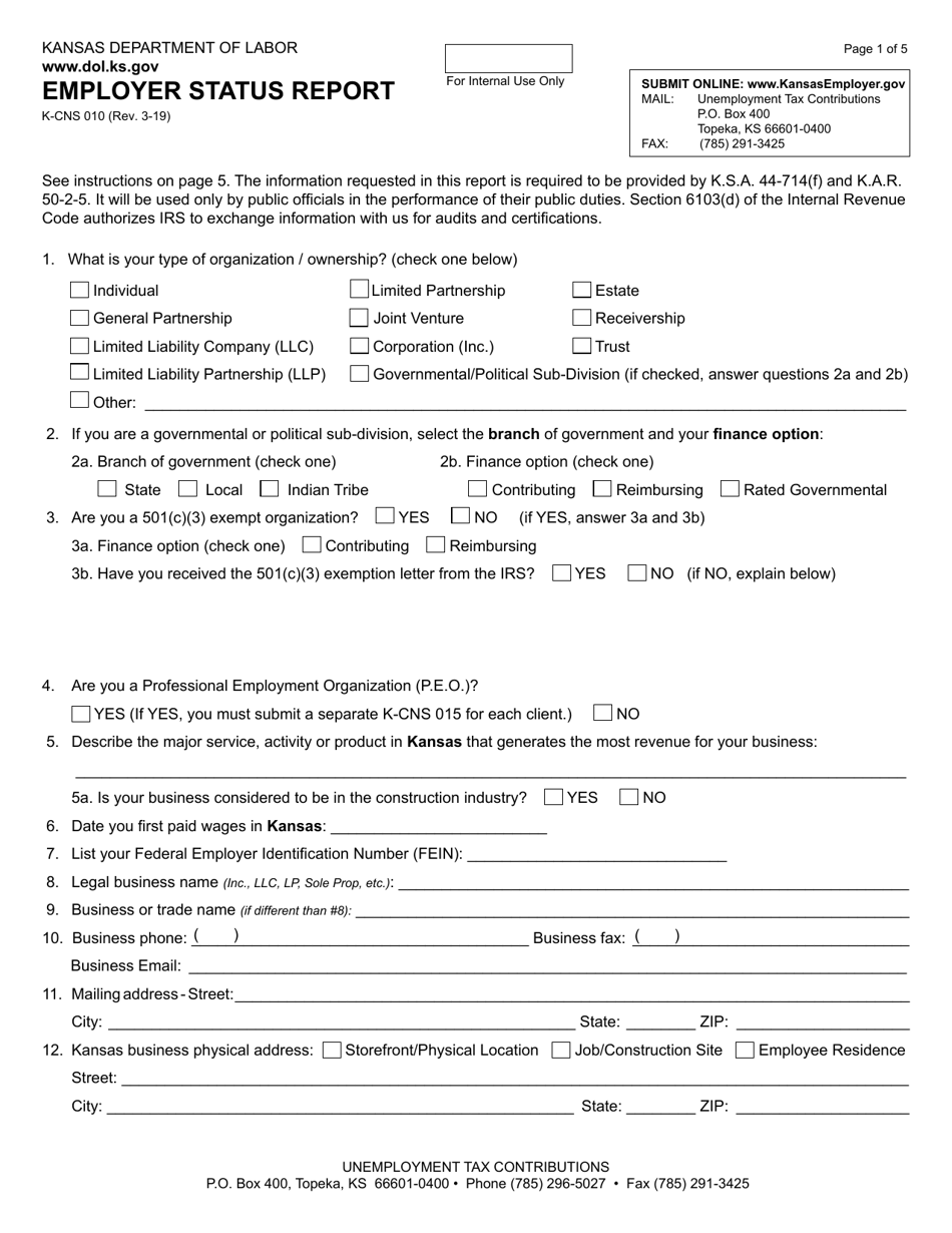 Form K-CNS010 Employer Status Report - Kansas, Page 1