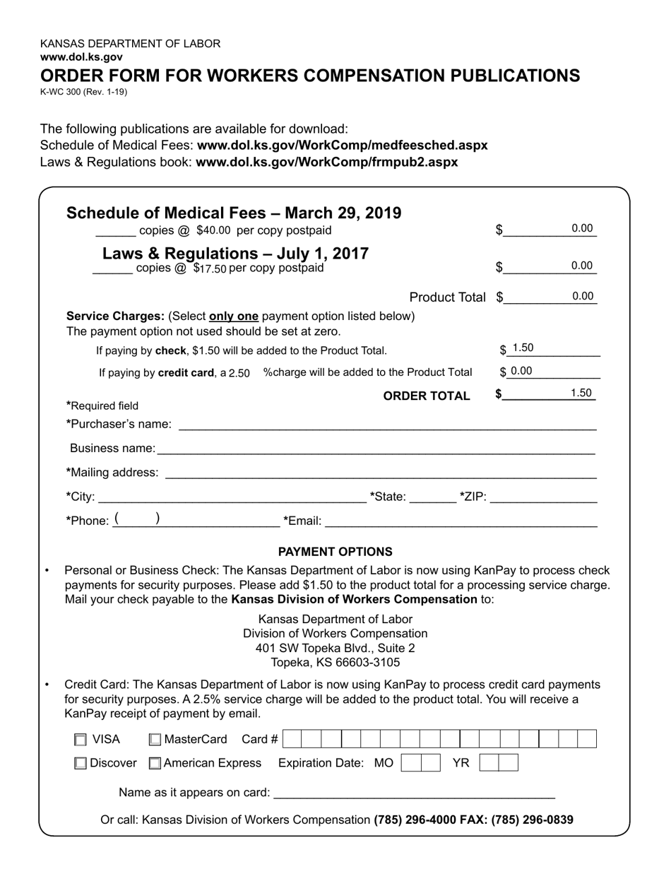 Form K-WC300 Order Form for Workers Compensation Publications - Kansas, Page 1
