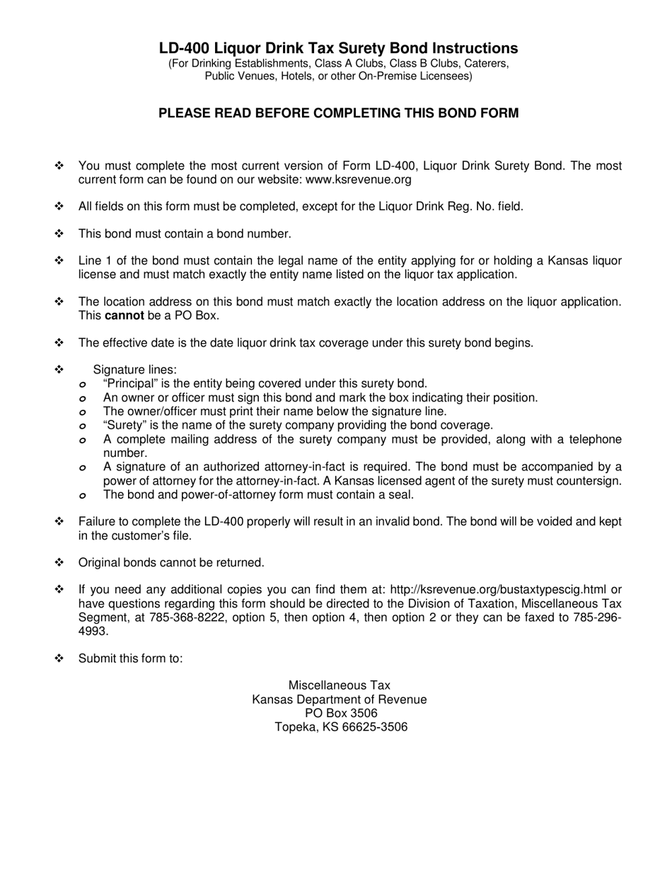 Form LD-400 Liquor Drink Tax Surety Bond - Kansas, Page 2