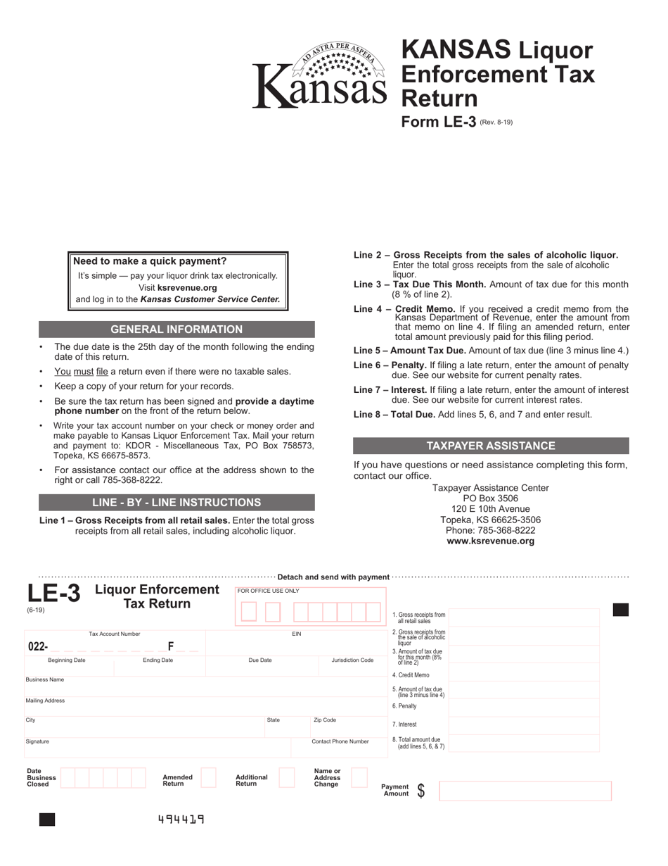 Form LE-3 Liquor Enforcement Tax Return - Kansas, Page 1