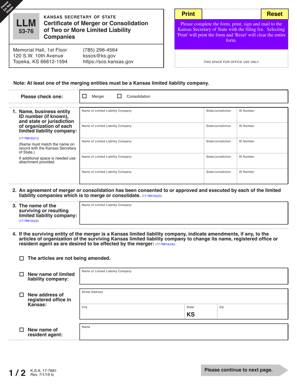 Form LLM53-76 Certificate of Merger or Consolidation of Two or More Limited Liability Companies - Kansas, Page 2
