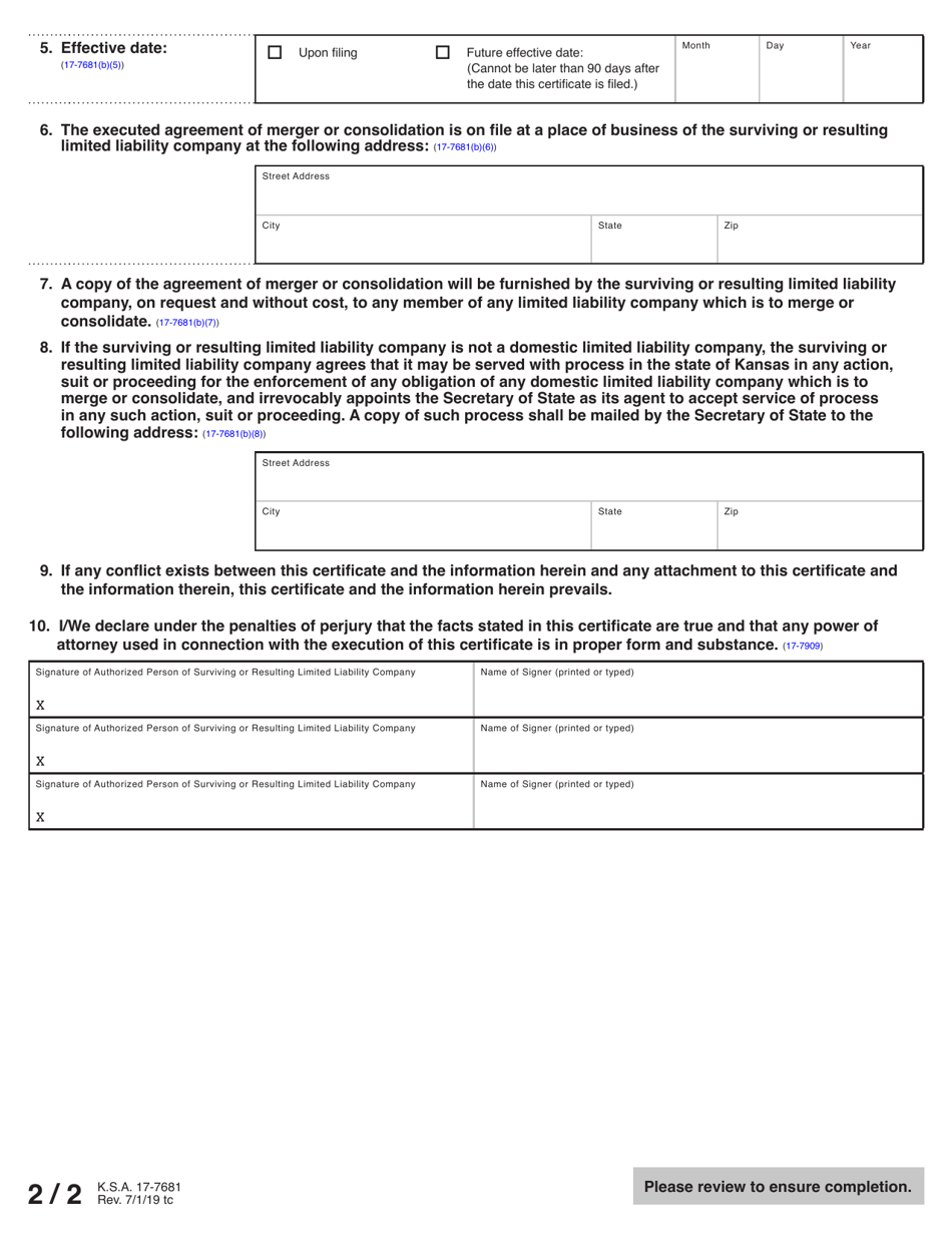 Form LLM53-76 Certificate of Merger or Consolidation of Two or More Limited Liability Companies - Kansas, Page 3