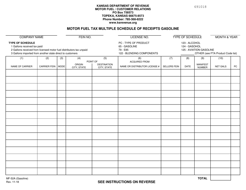 Form MF-52A (GASOLINE) Motor Fuel Tax Multiple Schedule of Receipts Gasoline - Kansas