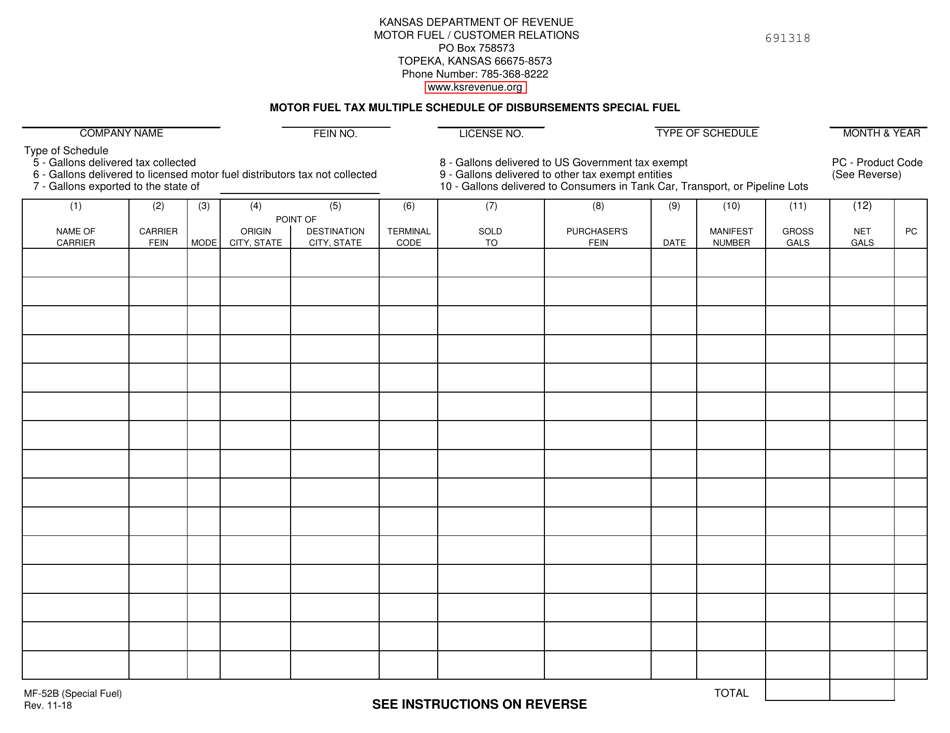 Form MF-52B (SPECIAL FUEL) Motor Fuel Tax Multiple Schedule of Disbursements Special Fuel - Kansas, Page 1