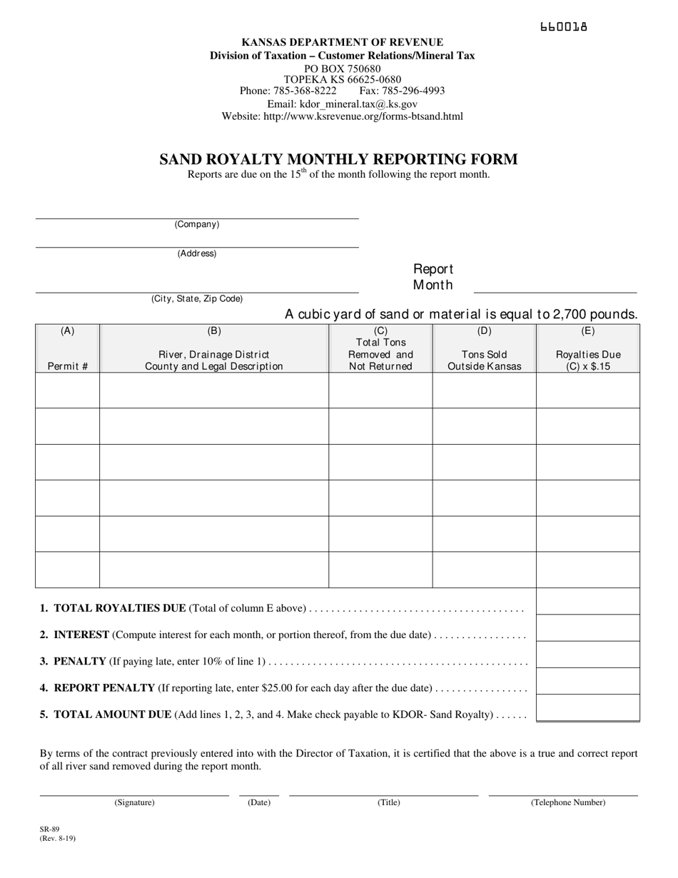 Form SR-89 Sand Royalty Monthly Reporting Form - Kansas, Page 1