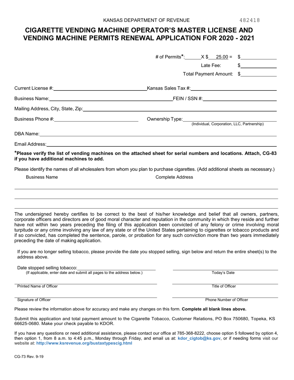 Form CG-73 Cigarette Vending Machine Operators Master License and Vending Machine Permits Renewal Application - Kansas, Page 2