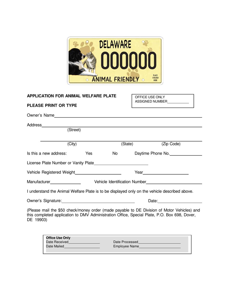 Delaware Application for Animal Welfare Plate Fill Out, Sign Online