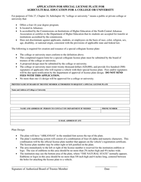 Application for Special License Plate for Agricultural Education for a College or University - Arkansas Download Pdf