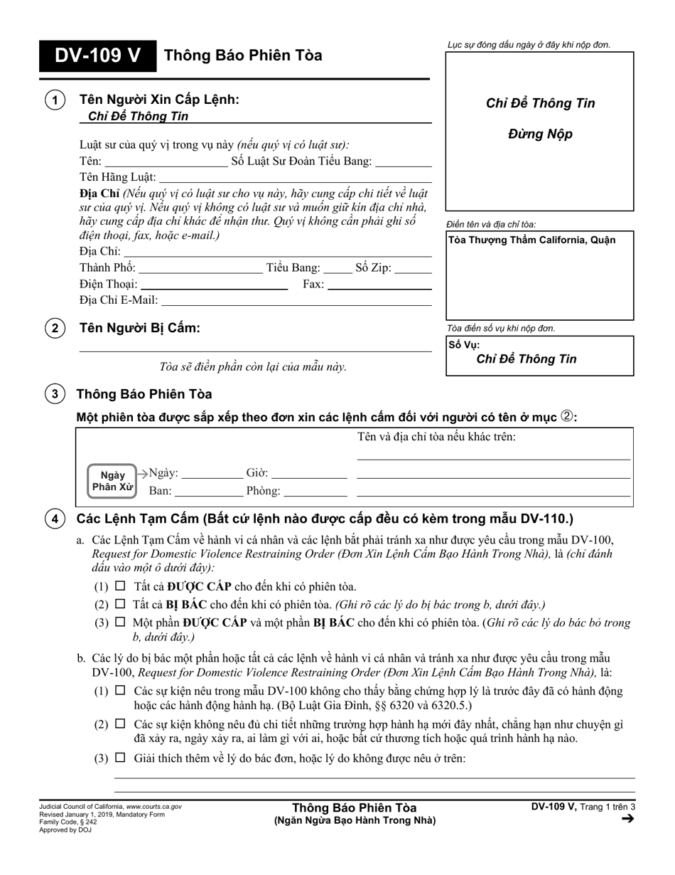 Form DV-109 Notice of Court Hearing - California (Vietnamese), Page 1