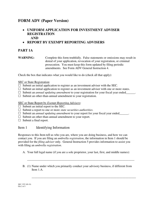 Form ADV (SEC Form 1707) Part 1A  Printable Pdf