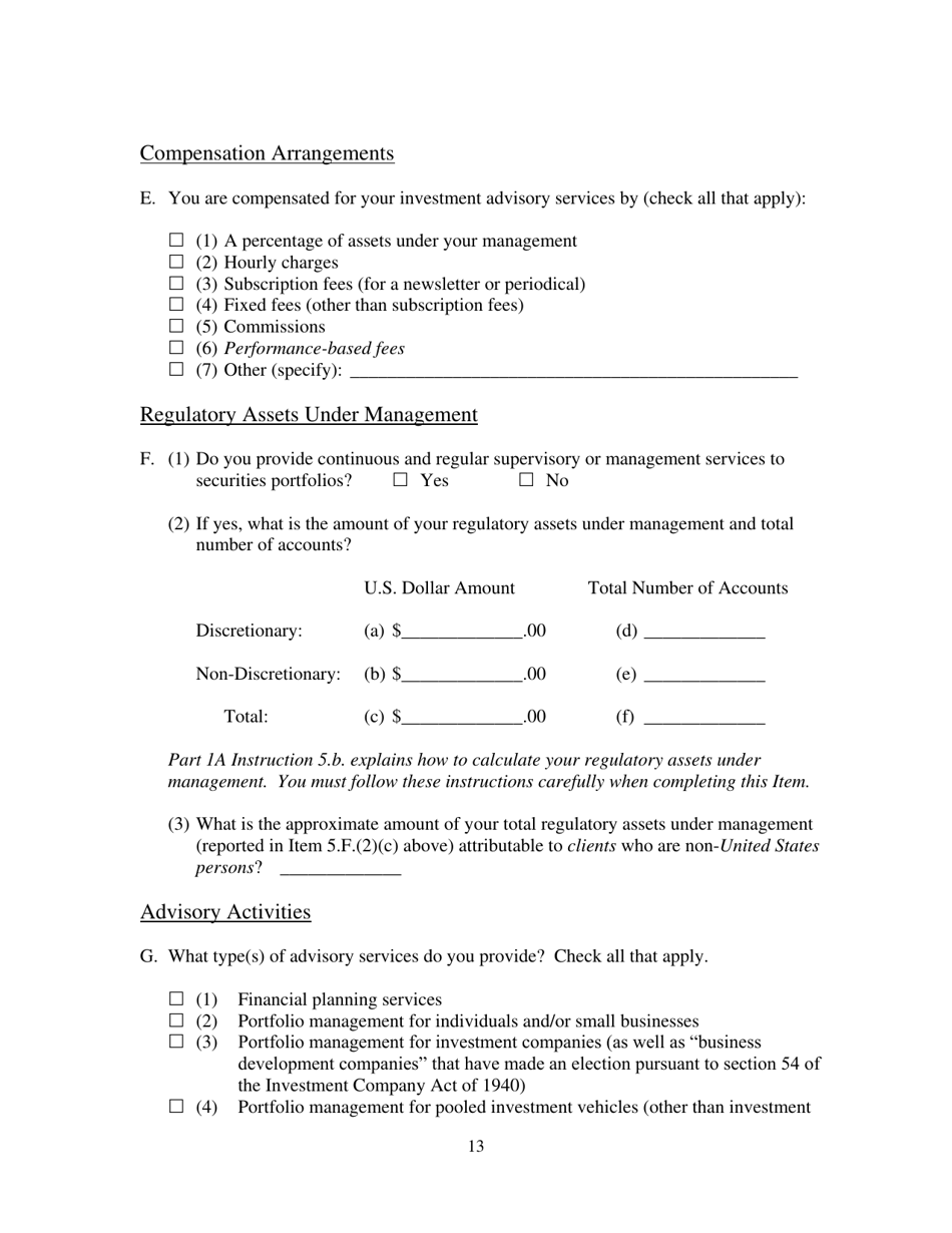 Form ADV (SEC Form 1707) Part 1A Uniform Application for Investment Adviser Registration and Report by Exempt Reporting Advisers, Page 13