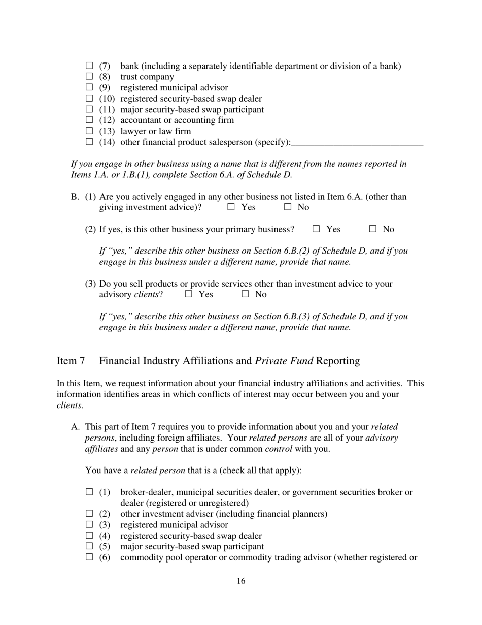 Form ADV (SEC Form 1707) Part 1A Uniform Application for Investment Adviser Registration and Report by Exempt Reporting Advisers, Page 16