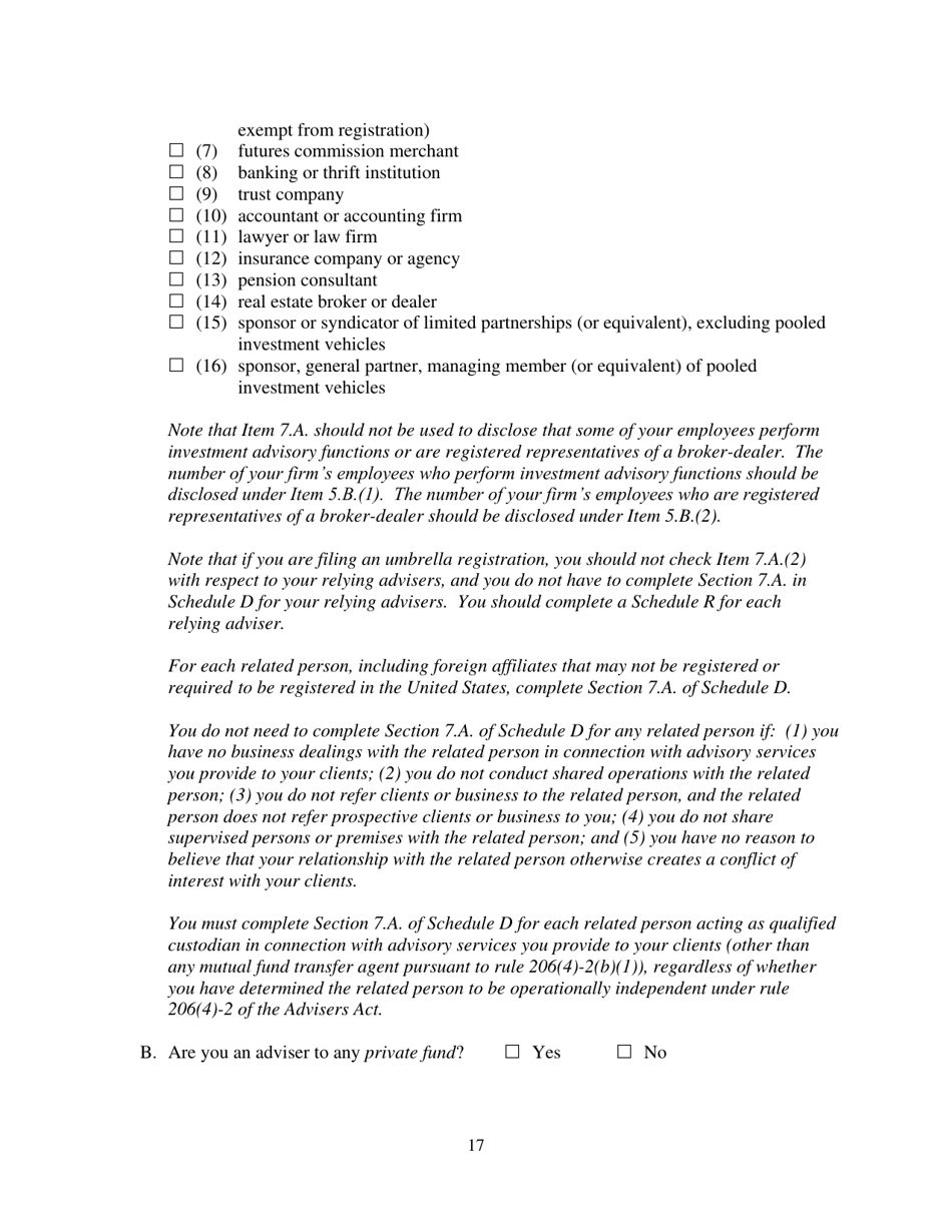 Form ADV (SEC Form 1707) Part 1A Uniform Application for Investment Adviser Registration and Report by Exempt Reporting Advisers, Page 17
