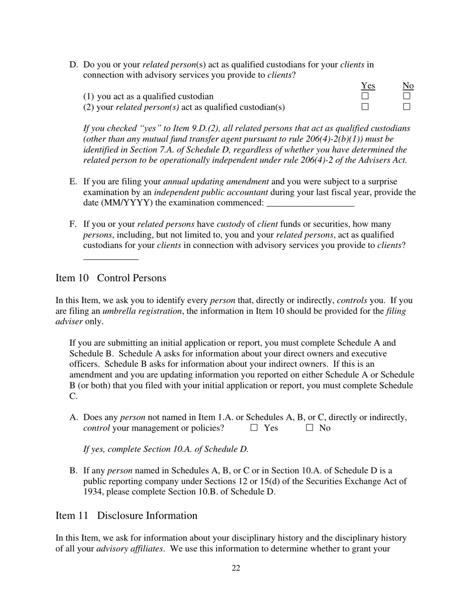 Form ADV (SEC Form 1707) Part 1A Uniform Application for Investment Adviser Registration and Report by Exempt Reporting Advisers, Page 22